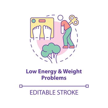 Low energy and weight problems concept icon. Plant based nutrition. Side effect abstract idea thin line illustration. Isolated outline drawing. Editable stroke. Arial, Myriad Pro-Bold fonts used