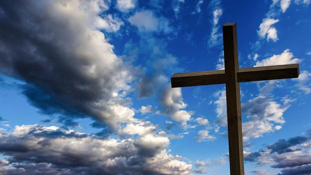 Jesus Christ cross. Easter, resurrection concept. Christian wooden cross on a background with dramatic lighting, colorful mountain sunset, dark clouds and sky, sunbeams.