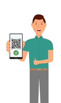 A man shows a QR code on his phone confirming the availability of a vaccination certificate.