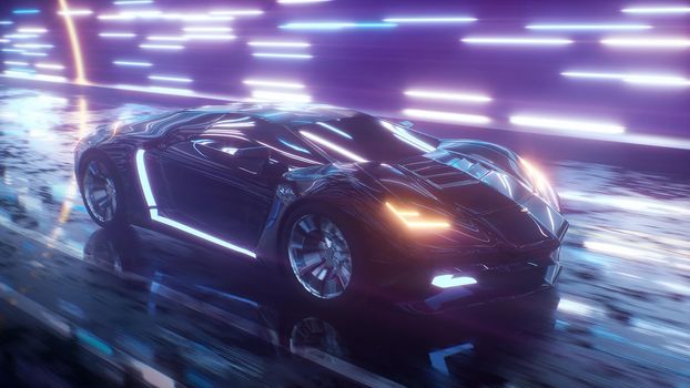 Futuristic sports car high speed drive with neon background.