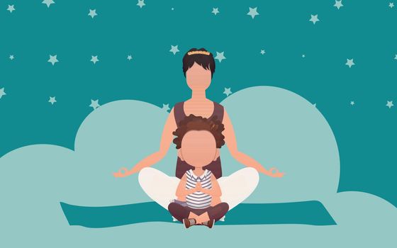 Mom and daughter are meditating. Cartoon style. Meditation and concentration concept. Vector illustration.