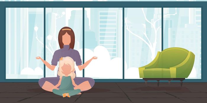 Mom and daughter are meditating together. Cartoon style. Vector.