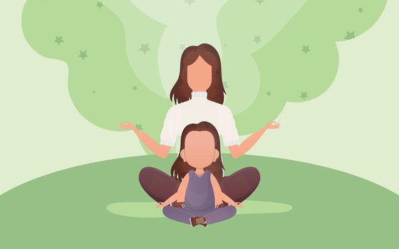 Mom and daughter meditate in the lotus position. Cartoon style. Sports lifestyle. Vector.