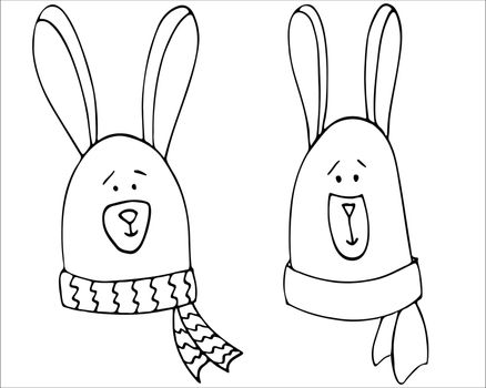 Two Cute rabbits faces doodle illustration. Hand drawn baby vector