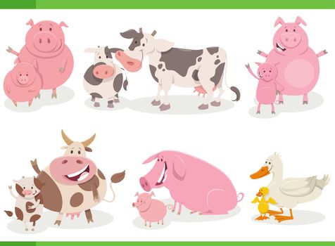 Cartoon illustration of funny farm animals with babies characters set