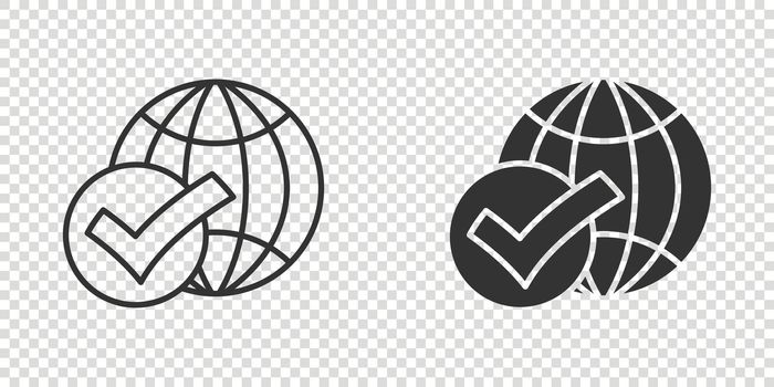 Globe check mark icon in flat style. World approval vector illustration on white isolated background. Confirm business concept.