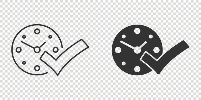 Clock check mark icon in flat style. Timer approval vector illustration on white isolated background. Confirm business concept.