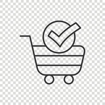 Shopping cart check mark icon in flat style. Buy approval vector illustration on white isolated background. Confirm business concept.