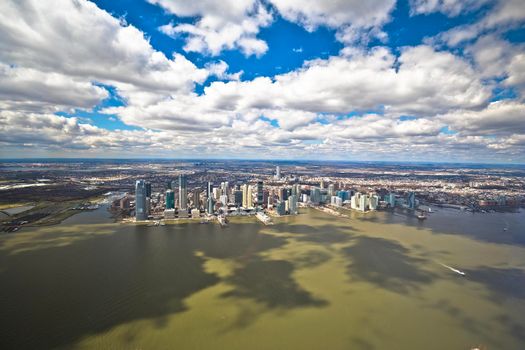 Jersey City and Hudson river aerial panoramic scenic view