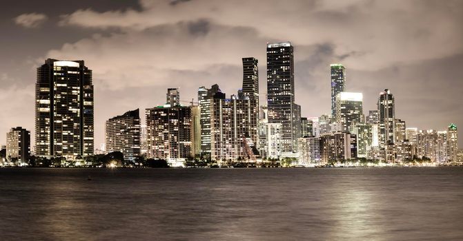 Miami downtown skyline evening panoramic sepia color view