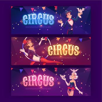 Circus posters with magician, aerial gymnast