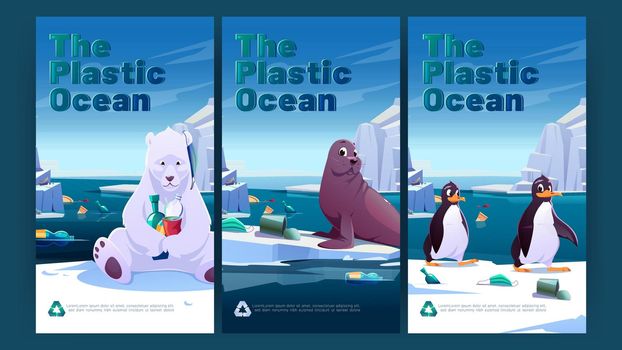 Plastic ocean banners with polar bear, seal and penguins on glacier and garbage in sea water. Vector posters of sea pollution with cartoon arctic and antarctic scene with wild animals on ice and trash