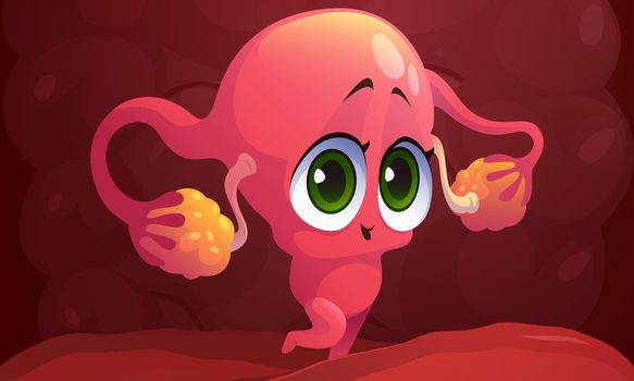 Cute character of female uterus with ovaries