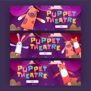 Puppet theater cartoon web banner with funny dolls