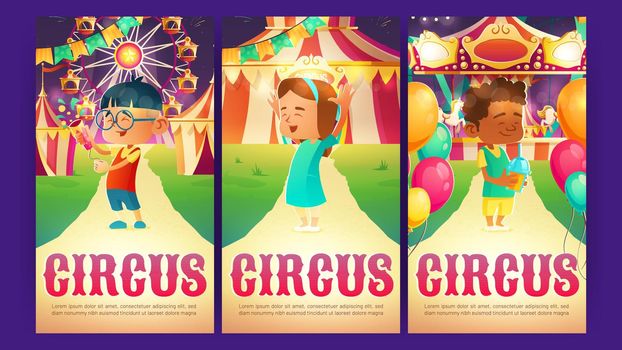 Circus cartoon posters, amusement park invitations