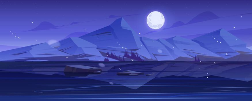 Nordic landscape with lake and mountains at night