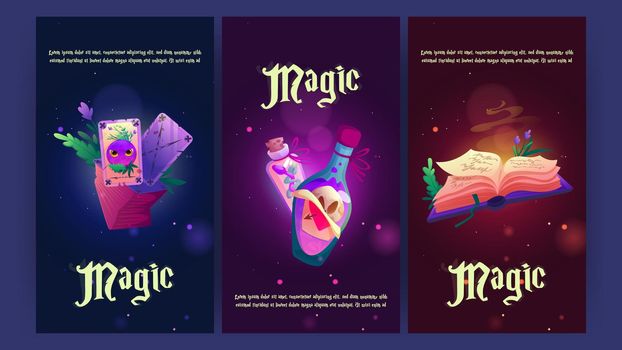 Cartoon magic posters with witch magician stuff