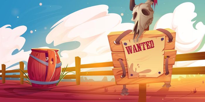 Cartoon western scene with wanted sign and barrel