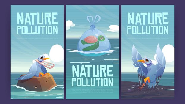 Nature pollution poster with garbage and oil spill