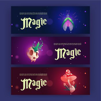 Cartoon magic banners with witch esoteric items