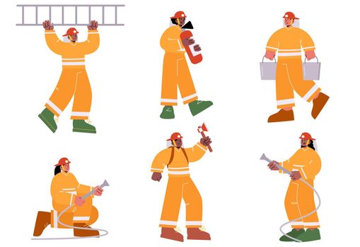 Firemen brigade with extinguisher, hose, ladder
