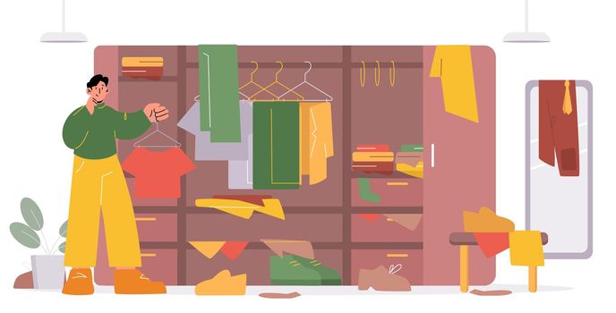 Man arrange chaos in messy wardrobe or closet