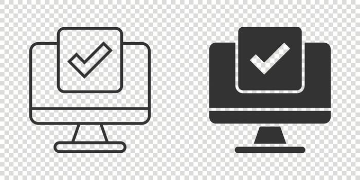 Computer check mark icon in flat style. Survey approval vector illustration on white isolated background. Confirm business concept.