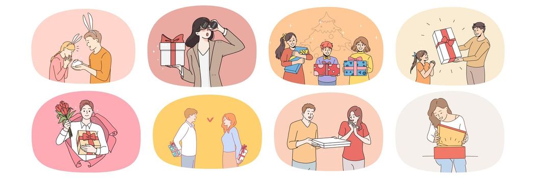 Set of people feel excited with presents and giftboxes. Collection of men and women receive gifts for birthday or special occasion. Greeting and celebration. Flat vector illustration.