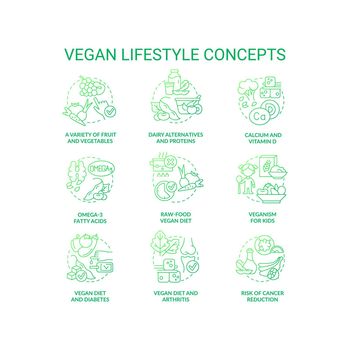 Vegan lifestyle green gradient concept icons set