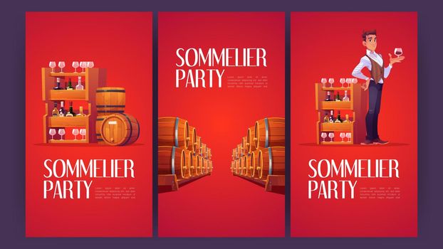 Sommelier party cartoon posters, ads invite flyers