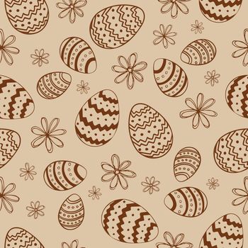 Vector seamless pattern for happy Easter day with decorative hand drawn eggs and flowers in brown colors for fabric print, textilex wrapping paper