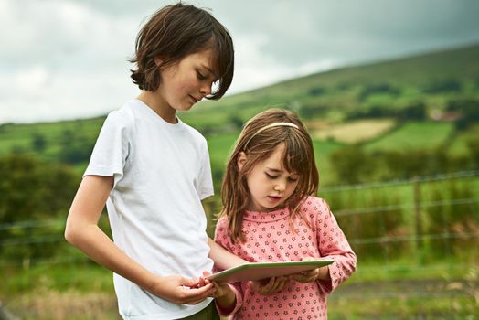 Sharing the wonders of the digital world. Shot of two little siblings using a digital tablet together outdoors.