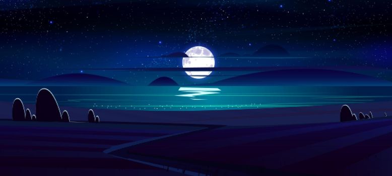 Night landscape with meadow, rural field, pond and road under dark blue starry sky with full moon and stars reflecting in water. Rustic farmland scenery countryside nature, Cartoon vector background