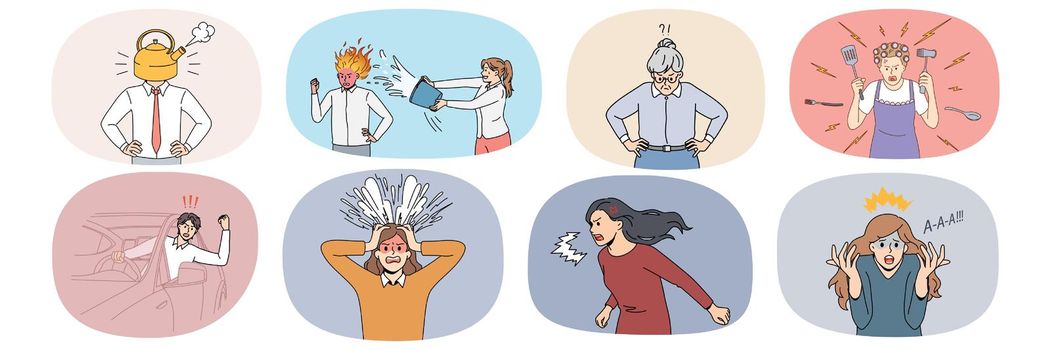 Set of mad diverse people scream and shout feel distressed and angry. Collection of furious humans yell annoyed by life situation unable to control emotions. Vector illustration.