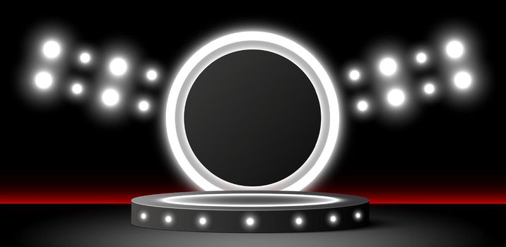 Round podium with spotlight on black background 3d vector illustration