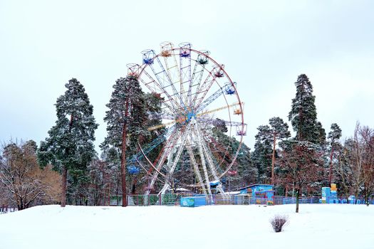 Big ferris wheel in winter forest park