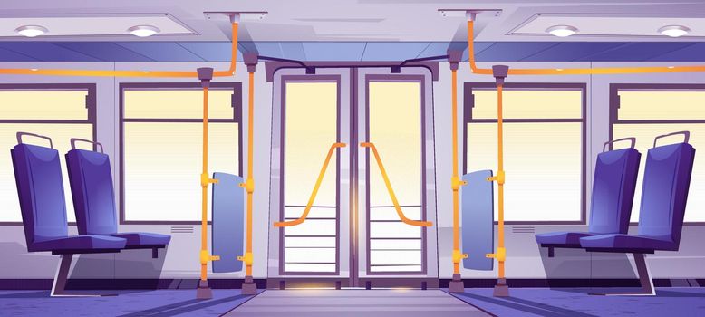 Empty bus interior with seats and handrails. Vector cartoon illustration of public transport cabin inside, passenger vehicle with blue chairs, doors and windows