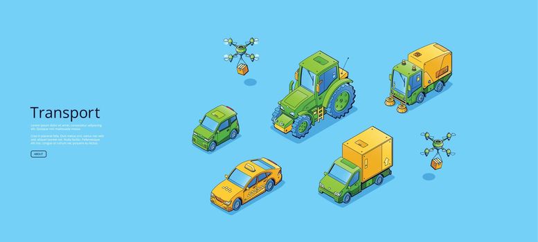 Transport isometric web banner, tractor, taxi