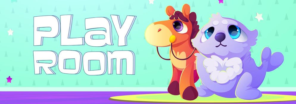 Play room cartoon banner with toys seal and horse