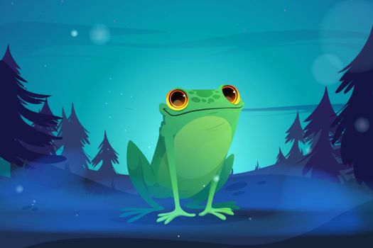 Cartoon frog in night forest, wild funny toad