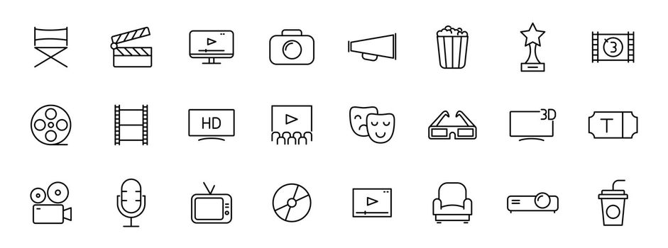 movie and cinema outline vector icons isolated on white. cinema icon set for web and ui design, mobile apps and print products