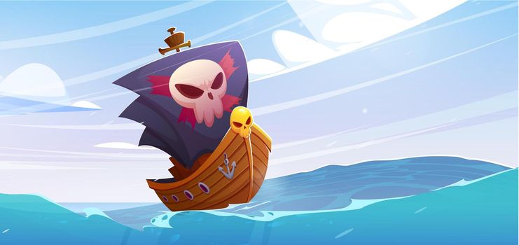 Pirate ship with black sails and jolly roger skull