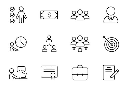 headhunting outline vector icons isolated on white. teamwork icon set for web and ui design, mobile apps and print products