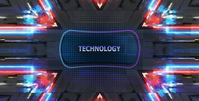 Abstract technological background with neon bright blue glow and red flashes. Vector dark gray and purple background with laser beams. Technology