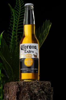 Tallinn, Estonia - March 2022: Editorial photo of Corona Extra beer on dark tropical background