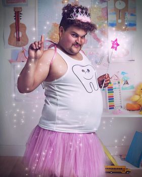 Forget the teeth, I want the candy. An overweight man dressed as the tooth fairy.
