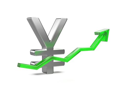 Japanese Yen or Chinese Yuan symbol with green arrow pointing up
