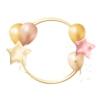 Party birthday glossy golden frame with balloons. EPS10