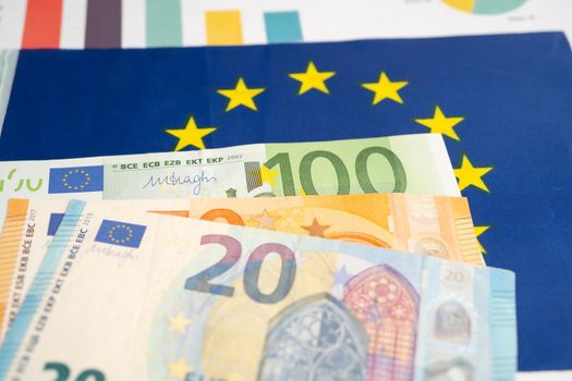 EU banknotes money on flag in europe , Business and finance concept.
