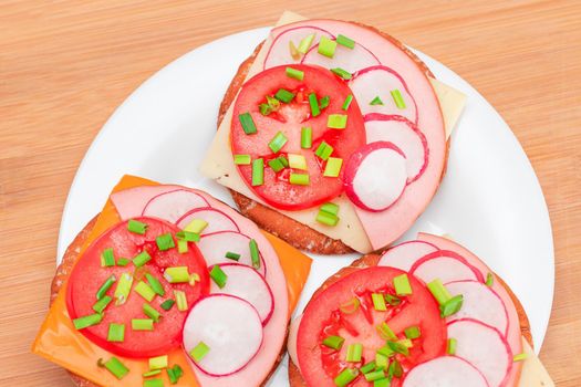 Crispy Cracker Sandwiches with Tomato, Sausage, Cheese, Green Onions and Radish